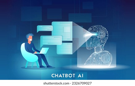 Vector of a man with laptop chatting with AI chat bot 