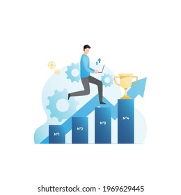 Vector man with laptop climbs career ladder, adheres to business plan. Promotion at work. Guy is leader, champion, winner goes to success, award, trophy, cup, develops.