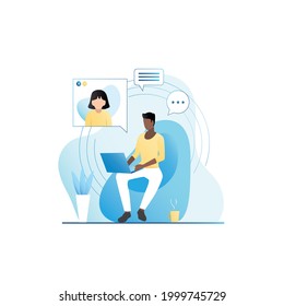 Un vector en una laptop se comunica, habla por video enlace con una amiga. El tipo se sienta en sillón con taza en redes sociales, mira a través de perfiles, páginas web con fotos para citas en Internet.