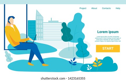 Vector Man with Laptop on Swing in Park. Flat Guy Doing Social Network, Texting to Friend, Making Online Date. Remote Work and Freelance. Freedom and Relax. Cartoon Illustration. Landing Page