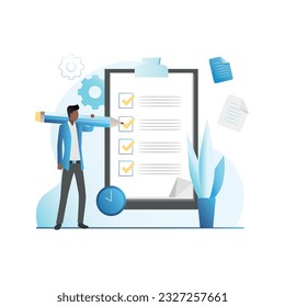 Vector man with large pencil fills out questionnaire, test, survey. Tiny guy ticks, checkboxes in document, checklist, plan, answers questions, makes choice. Documentation management.Mission Complete.