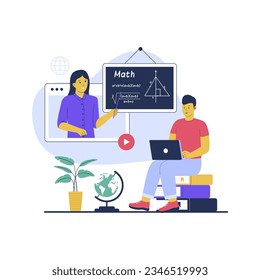 Vector of man learning math in online class. Flat vector illustration isolated on white background