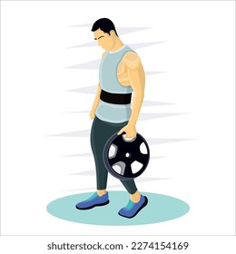 Vector man lifting weight plate with one hand flat vector illustration design