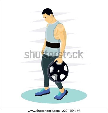 Vector man lifting weight plate with one hand flat vector illustration design