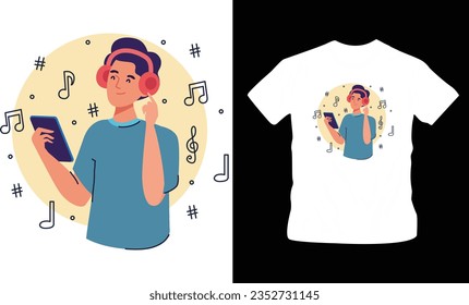 Vector of man listening music in smartphone t-shirt design editable template