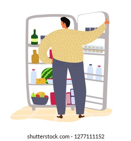 Vector man looking at fridge with eat. Food choice illustration