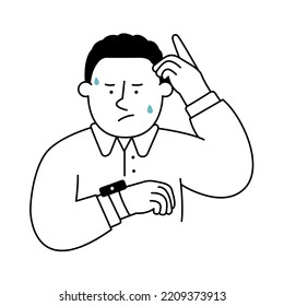vector of man looking at the watch on his hand. checking the time. time to deadline. Hand drawn vector illustration.