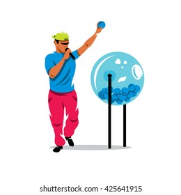 Vector Man and Lottery drum with bingo balls. Cartoon Illustration. The man pulled out a ball from a lottery drum. Branding Identity Corporate unusual Logo isolated on a white background