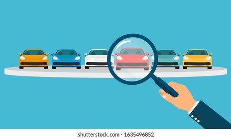 Vector of a man with magnifying glass making a red car choice