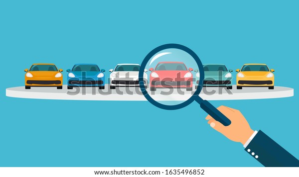Vector of a man with magnifying glass making a red\
car choice