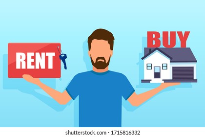 Vector Of A Man Making A Decision To Rent Or Buy A House