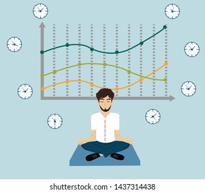 Vector of a man meditating. Young guy relaxing in lotus position. 