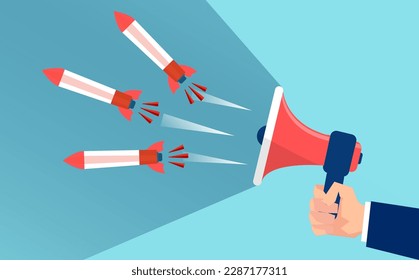 Vektorgrafik eines Mannes mit Megaphon-Schreie, Raketen starten. Propaganda-Konzept des Krieges 