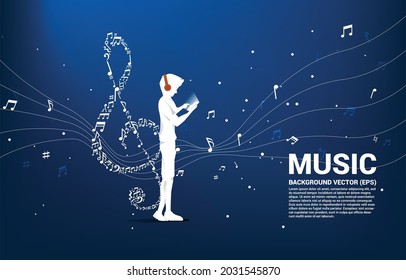 Vector man with mobile phone and headphone and music melody shape sol key note dancing flow . Concept background for online streaming music.