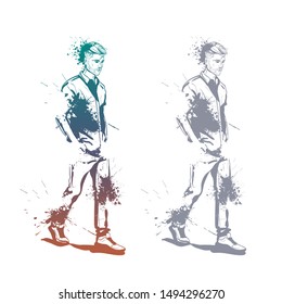 Vector man model dressed in jeans shirt and sneakers splash stile