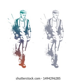 Vector man model dressed in jeans shoes classic jacket and t-shirt splash stile