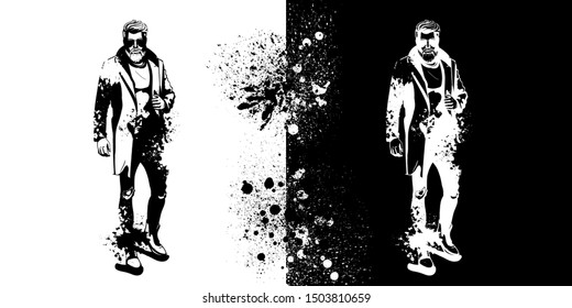 Vector man model dressed in jeans, pullover, coat and boots, splash stile