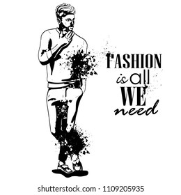 Vector man model dressed in pants, pullover and loafers, splash stile. Fashion is all we need