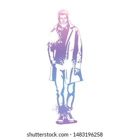 Vector man model dressed in pants, shirt, jeanse jacket, sneakers, and long coat, splash stile