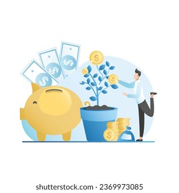 Vector man and money tree with gold coins, big piggy bank of wealth. Successful investment, cash profit. Financial management in business, fund.