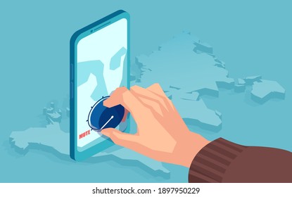 Vector of a man muting volume down on a smartphone closing down social media account of an user 