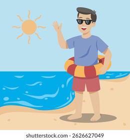 vector of a man on vacation on the beach using a lifebuoy

