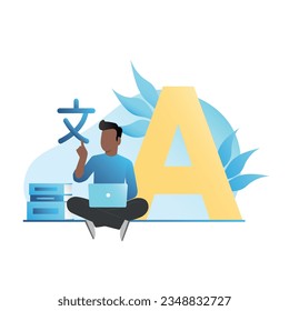 Vector man online learns foreign languages in laptop from video lessons, lectures, webinars, seminars, trainings. Online distance learning with books. Tiny guy and capital letters, hieroglyph. Teacher