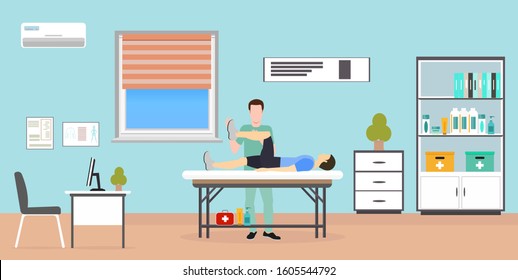 Vector of a man patient laying on the table being examined by therapist doctor