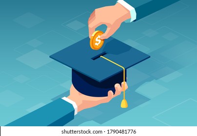 Vector of a man paying for his education making a dollar coin deposit in graduation cap