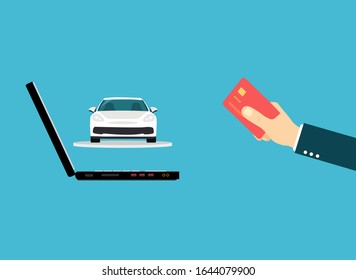Vector of a man paying for a new car online using credit card