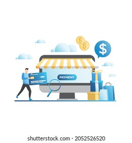 Vector man pays contactlessly with  debit, credit card, gold coins, cash, money purchases, gifts in boxes with bows in online store. Shopping. Payment in Internet.