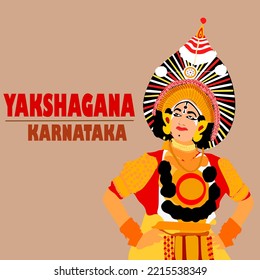 Vector de hombre interpretando danza clásica yakshagana, es una forma tradicional de baile popular popular en Karnataka, India.