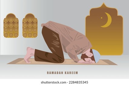 vector man person is focus prostrate islam pray sujud in mosque with moon crescent and star