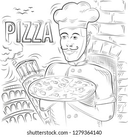 Vector Man with pizza drawing in Italy