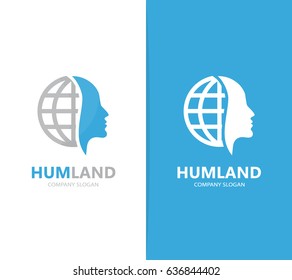Vector of man and planet logo combination. Face and world symbol or icon. Unique human and globe logotype design template.