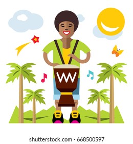 Vector Man playing Djembe. African music. Flat style colorful Cartoon illustration.