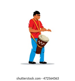 Vector Man playing the Drum. Brazilian music Cartoon Illustration. Brazilian man playing a Djembe. Unusual Logo template isolated on a white background