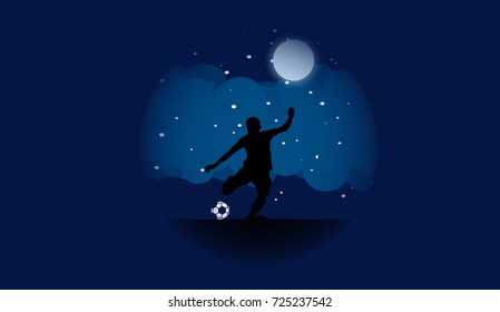 Vector man playing football (soccer) under moonlight illustration 