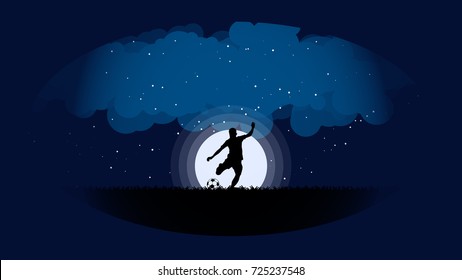 Vector man playing football (soccer) under moonlight illustration 