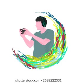 vector of man playing game on smart phone with colorful paint splashes without background