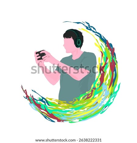 vector of man playing game on smart phone with colorful paint splashes without background