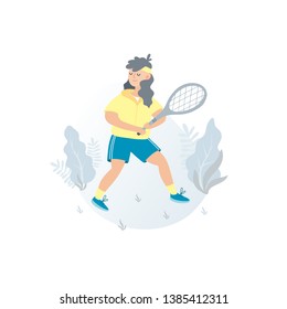 Vector man playing tennis. Sportsman  holding rackets and hitting ball isolated on white background. Flat cartoon illustration, outdoor activity 