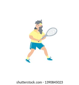 Vector man playing tennis. Sportsman  holding rackets and hitting ball isolated on white background. Flat cartoon vector illustration