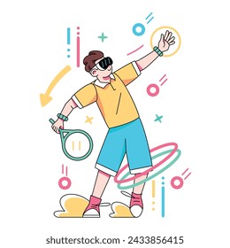 Vector Man Playing Tennis Virtual Reality Cartoon Illustration Isolated