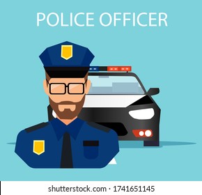 Vector of a man police officer with a service car on a background. 