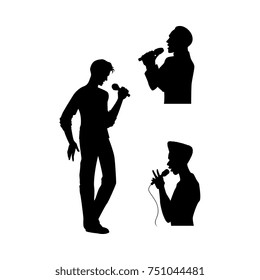 vector man portrait and full lenght silhouettes singing with microphone set. Isolated illustration on white background. Karaoke club design logo elements