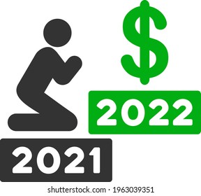 Vector man pray dollar 2022 illustration. An isolated illustration on a white background.