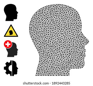 Mosaico del icono del perfil del hombre vector coronavirus. El mosaico del perfil del hombre se organiza con pequeñas partes virales cóvidas. La imagen está organizada para proyectos médicos.