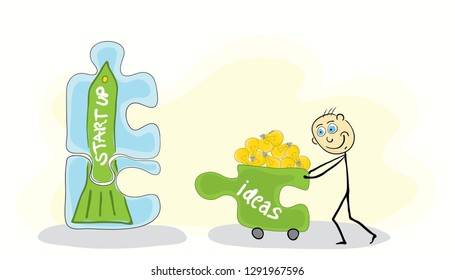 vector man pushes cart full of glowing light bulbs to the puzzle with the image of the rocket / ideas for a startup