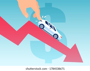 Vector of a man pushing down a car on a financial graph. Automobile depreciation concept